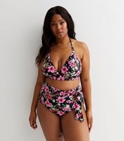 New Look Curves Black Tropical Print Halter Long Triangle Bikini Top